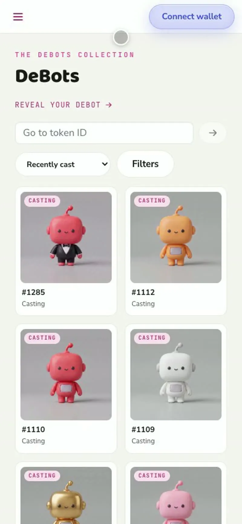 On a phone, tapping Filters on the DeBots collection opens a bottom sheet. Ticking Sealed swaps the grid to sealed capsules with a results chip, then closing the sheet returns to the collection.