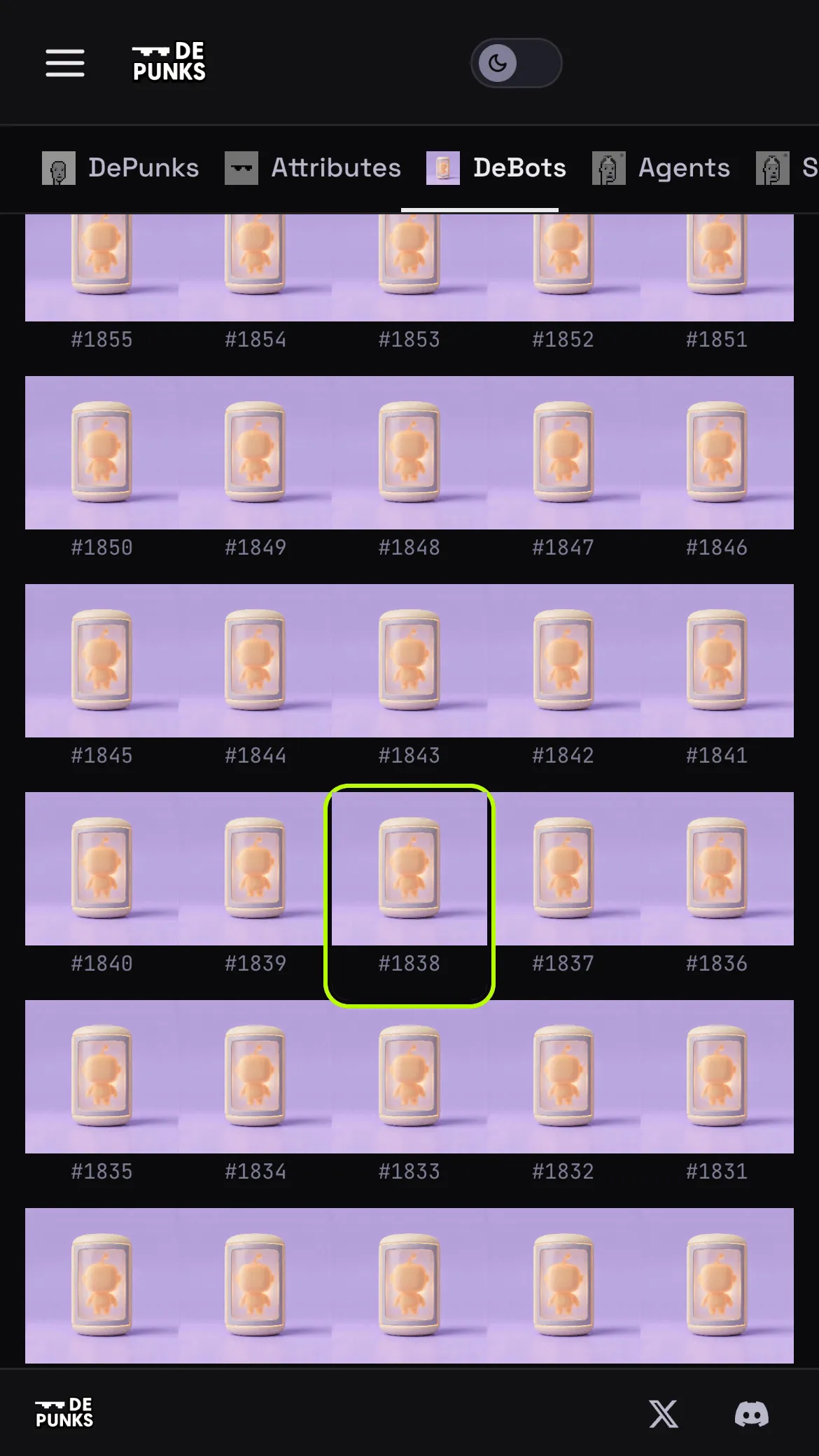 The DeBots page of DePunks.club on a phone, in its dark theme: a grid of numbered DeBot tiles, each a small figure in a glass capsule on a lilac ground, five per row from #1855 to #1831. Tile #1838 is outlined in a bright lime ring.