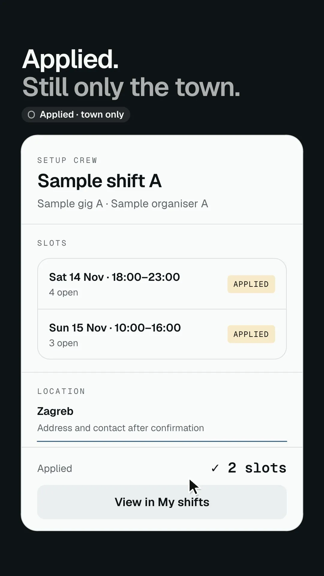 A short cut of the Paluba reel on a dark ground: a map of Croatia's five regions with numbered rings, then one pin per town with a gig card under the map, then a list of shifts, then an apply card with two slots ticked that ends on 'Applied. Still only the town.' Sample project.