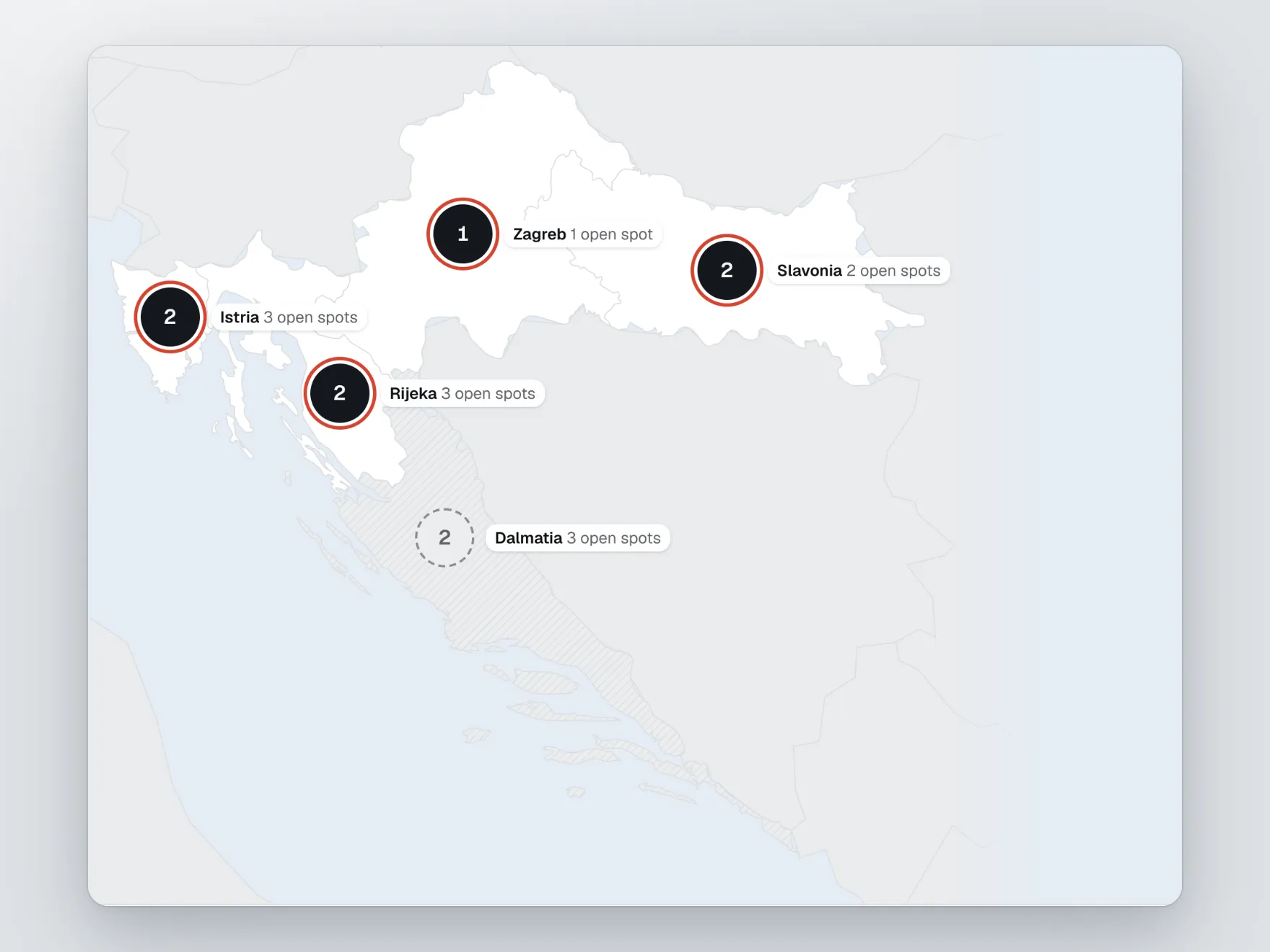 Map of Croatia in light theme with four open regions as dark numbered rings with red outlines: Istria 3 open spots, Rijeka 3 open spots, Zagreb 1 open spot, Slavonia 2 open spots; Dalmatia is a dashed grey ring marked 'Dalmatia 3 open spots' on a hatched area.