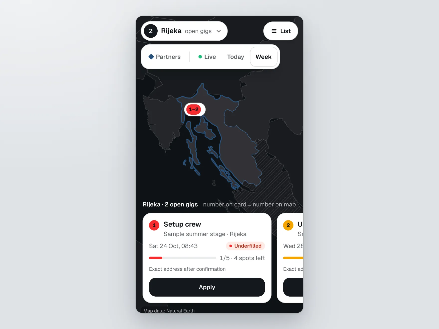Paluba crew map in dark mode, region Rijeka selected: a pin reading '1-2' on a map of the Kvarner coast, and below it a gig card 'Setup crew, Sample summer stage, Rijeka, Sat 24 Oct 08:43, Underfilled, 1/5, 4 spots left, Exact address after confirmation' with an Apply button; a second card starts at the right edge.